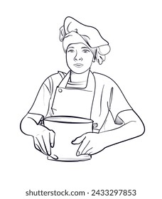 un dibujo a mano de un chef en un sombrero y delantal con una cacerola en sus manos vector