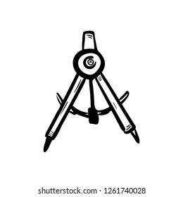 Handdrawn drawing compass doodle icon. Hand drawn black sketch. Sign symbol. Decoration element. White background. Isolated. Flat design. Vector illustration.