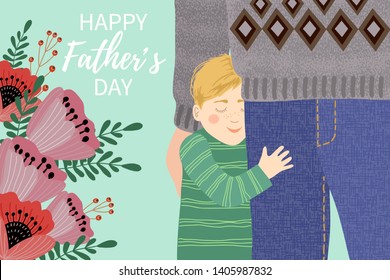 Hand-drawn drawing of dad and the child clutching his legs and doodle bouquet of flowers