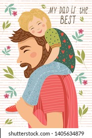 Hand-drawn drawing of dad and the child sitting on his shoulders on a white background with flowers and leaves