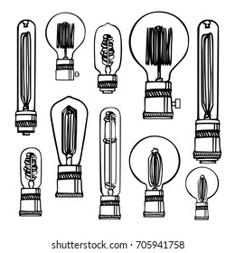 Hand-drawn drawing with different kinds of Edison lamps.Vector set of different geometric loft lamps. Modern sketch. Vintage light bulbs doodle art hanging free hand line style vector.