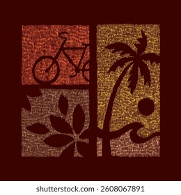 Hand-drawn drawing of elements related to leisure and summer. Stylized art with irregular line texture.