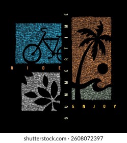 Hand-drawn drawing of elements related to leisure and summer. Stylized art with irregular line texture.
