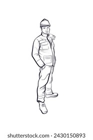 a hand-drawn drawing of an engineer in overalls and a hard hat vector
