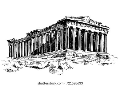 hand-drawn drawing of the famous building of ancient architecture in Athens Parthenon, Greece, trace line drawing.