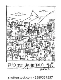 Hand-drawn drawing of a favela in the city of Rio de Janeiro, Brazil. Art in light and casual lines. The exotic atmosphere of the city for prints, decoration and other uses.