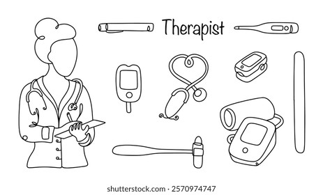 A hand-drawn drawing of a general practitioner and the basic medical instruments he uses to examine patients. The primary doctor consulted for general health complaints. Simple medical illustration.