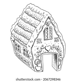 A hand-drawn drawing of a gingerbread house. Christmas and New Year illustration. Vintage illustration.