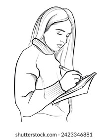 hand-drawn drawing of a girl writing with a pen in a notebook vector