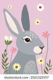A hand-drawn drawing of a grey rabbit in wildflowers
