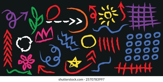 Hand-drawn drawn minimalist shapes, Abstract  colorful doodles pattern . Vector round, Ornaments, botanical, lines, wave,rainbow, arrows, Colorful design elements. 