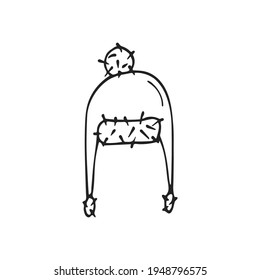 Hand-drawn drawstring winter fur hat, single element. Graphic doodle, sketch, outline drawing isolated on white. Vector illustration