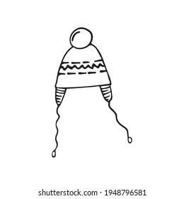 Hand-drawn drawstring winter hat, single element. Graphic doodle, sketch, outline drawing isolated on white. Vector illustration