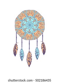 Hand-drawn dream catcher with mandala and feathers. Bohemian, hippie style.