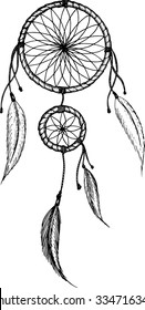 Hand-drawn dreamcatcher with feathers. Ethnic illustration, tribal, American Indians traditional symbol.