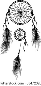 Hand-drawn dreamcatcher with feathers. Ethnic illustration, tribal, American Indians traditional symbol.