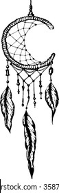 Hand-drawn dreamcatcher with feathers. Ethnic illustration, tribal