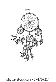 Hand-drawn dreamcatcher  with feathers. Ethnic illustration, tribal