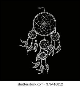 Hand-drawn dreamcatcher  with feathers. Ethnic illustration, tribal
