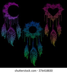 Hand-drawn dreamcatcher  with feathers. Ethnic illustration, tribal