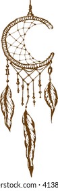Hand-drawn dreamcatcher  with feathers. Ethnic illustration, tribal