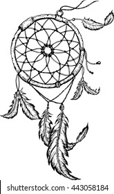 Hand-drawn dreamcatcher with feathers. Ethnic illustration, tribal svg