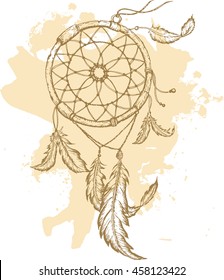 Hand-drawn dreamcatcher with feathers. Ethnic illustration, tribal