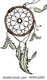 Hand-drawn dreamcatcher with feathers. Ethnic illustration, tribal