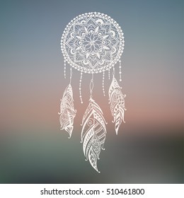 Hand-drawn dreamcatcher with feathers. Ethnic illustration, tribal