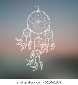 Hand-drawn dreamcatcher with feathers. Ethnic illustration, tribal
