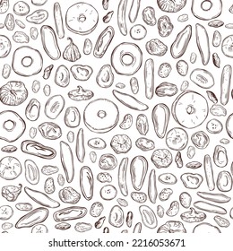 Hand-drawn dried fruits. Vector seamless pattern.