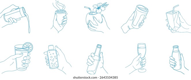 Hand-drawn drink collection showing various beverages in hands including soda, coffee, juice, cocktail, and water, ideal for bar menu,  branding, lifestyle blog, or drinkware design use.
