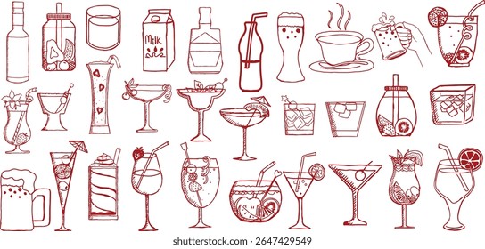 Hand-drawn drinks and alcohol cocktail doodle set with wine, juice, soda, tea, beer, whiskey, milk, and tropical beverages. Perfect for menus, bar signs, summer invites, party posters, and packaging.