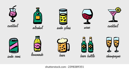 Hand-drawn drinks. Drink icons. Educational poster with the names of drinks