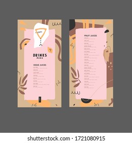 Hand-drawn drinks, fruits and abstract design elements. Pre-made abstract compositions. Vector template for menu,  list, banner, booklet, flyer.