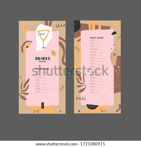 Hand-drawn drinks, fruits and abstract design elements. Pre-made abstract compositions. Vector template for menu,  list, banner, booklet, flyer.