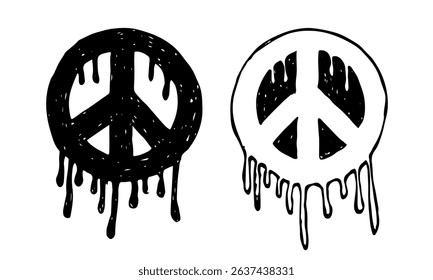 Hand-drawn dripping peace signs, abstract melting peace symbol graffiti art.