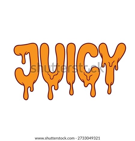 Hand-drawn dripping typography illustration of the word “Juicy” in yellow. Playful expressive lettering symbolizing tasty food, sweetness, and appetite.