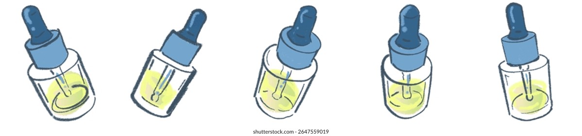 Hand-Drawn Dropper Bottle Illustration Set – Creative Skincare Serum Dripping Icons with Soft Pastel Colors for Clean Beauty Branding, Natural Cosmetic Packaging, Botanical Wellness Graphics, Eco-Frie