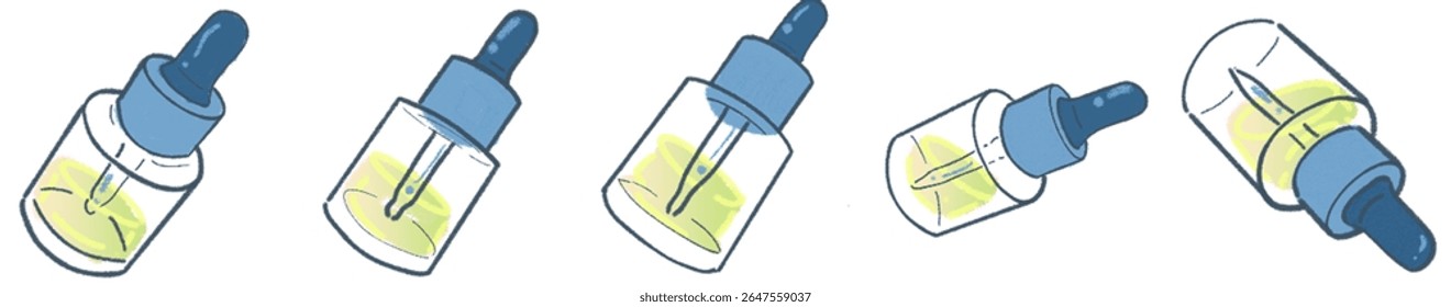 Conjunto de ilustración de botella de gotero dibujado a mano - Iconos creativos de goteo de suero para el cuidado de la piel con Colores pastel suaves para una marca de belleza limpia, Embalaje cosmético natural, Gráficos de bienestar botánico, Eco-Frie