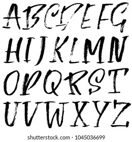 Handdrawn dry brush font. Modern brush lettering. Grunge style alphabet. Vector illustration.