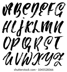 Handdrawn dry brush font. Modern brush lettering. Grunge style alphabet. Vector illustration.