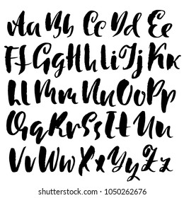Handdrawn dry brush font. Modern brush lettering. Grunge style alphabet. Vector illustration.