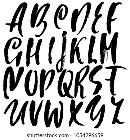 Handdrawn dry brush font. Modern brush lettering. Grunge style alphabet. Vector illustration.