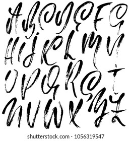 Handdrawn dry brush font. Modern brush lettering. Grunge style alphabet. Vector illustration.