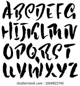 Handdrawn dry brush font. Modern brush lettering. Grunge style alphabet. Vector illustration.