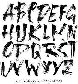 Handdrawn dry brush font. Modern brush lettering. Grunge style alphabet. Vector illustration.