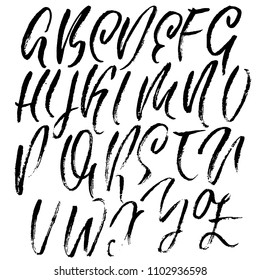 Handdrawn dry brush font. Modern brush lettering. Grunge style alphabet. Vector illustration.