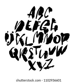 Handdrawn dry brush font. Modern brush lettering. Grunge style alphabet. Vector illustration.
