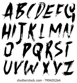 Handdrawn dry brush font. Modern brush lettering. Grunge style alphabet. Vector illustration.